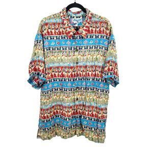 Vintage 90s Utility Mens Shirt XL Hawaiian Hula Girl Palm Tree Tropical Blue Red